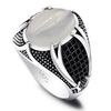 He Cheng Retro Scimitar Men's Ring - Antique Silver with Black Zircon