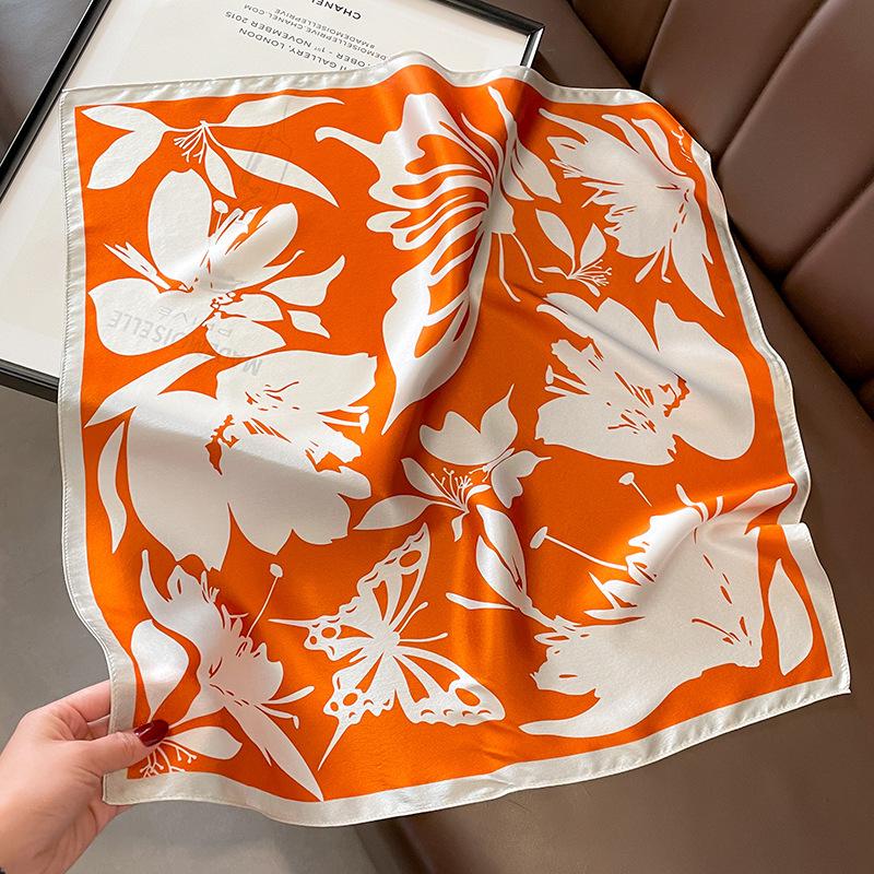 

Korean-Style Butterfly High-End Mulberry Silk Scarf for Women - Neck Protection Square, Bag Tie, Gift. 53*53cm помаранчевий