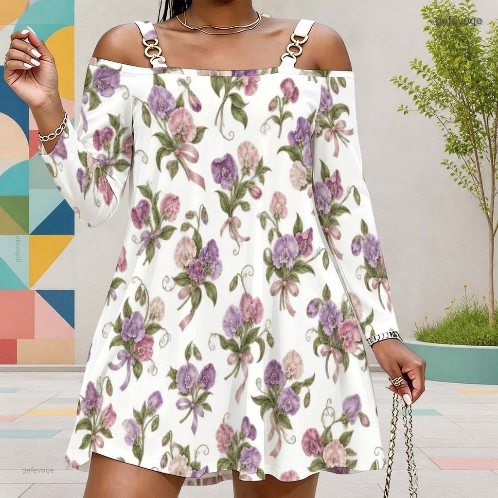 Women Plus Size Cold Shoulder Long Sleeve White Floral Printed Dress
