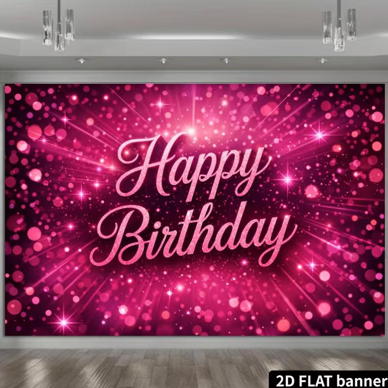 2D Pink Sparkle Bokeh Birthday Backdrop Banner Happy Birthday Party Photo Booth Background