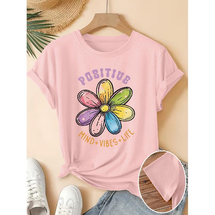 Women's Elegant Short-Sleeve Gift with Rainbow Daisy Positive Energy Quote Print Pattern and Vintage Round Neck T Fresh and Natural Style