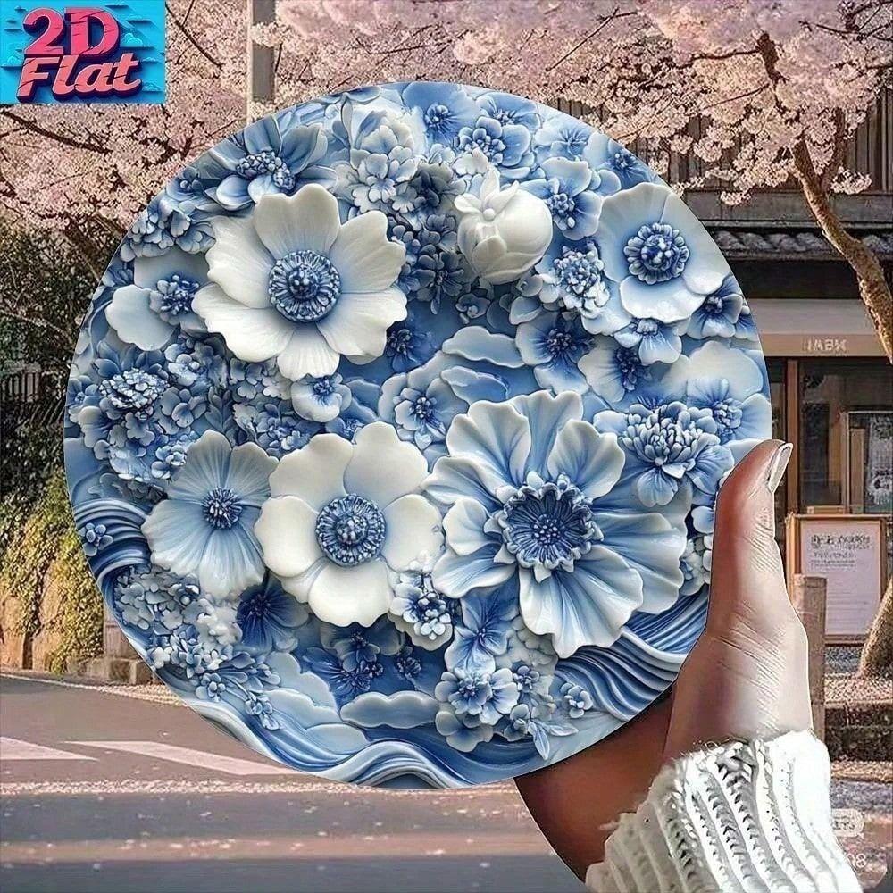 Blue White Art Deco Floral Metal Wall Art Luxury Tin Sign Living Room Decor
