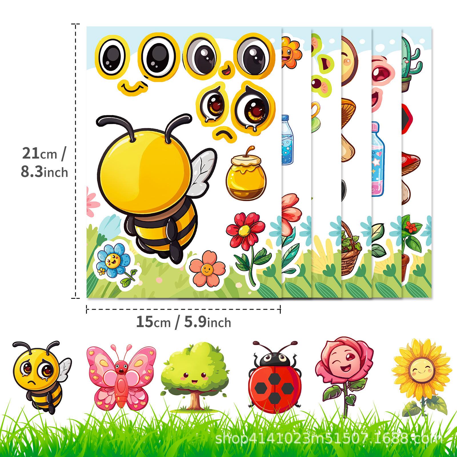 

6 Фото/упаковка Наклейки с мультяшными мордочками насекомых и животных для детей, ручная работа, просвещение, родительско-детские