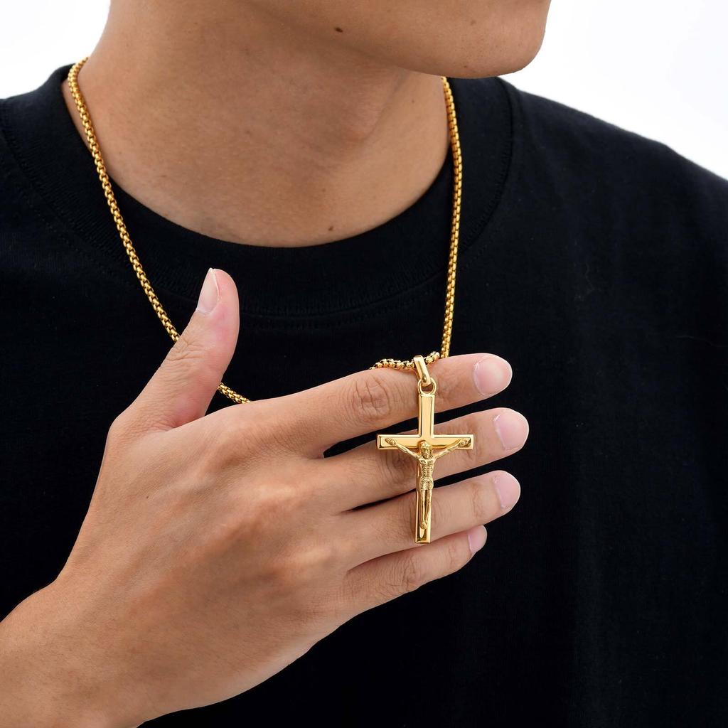 Vnox 60cm Catholic Cross Pendant Necklace for Men, Stainless Steel 30.5x51.5mm Cross Black Gold Silver Color Box Chain Necklaces