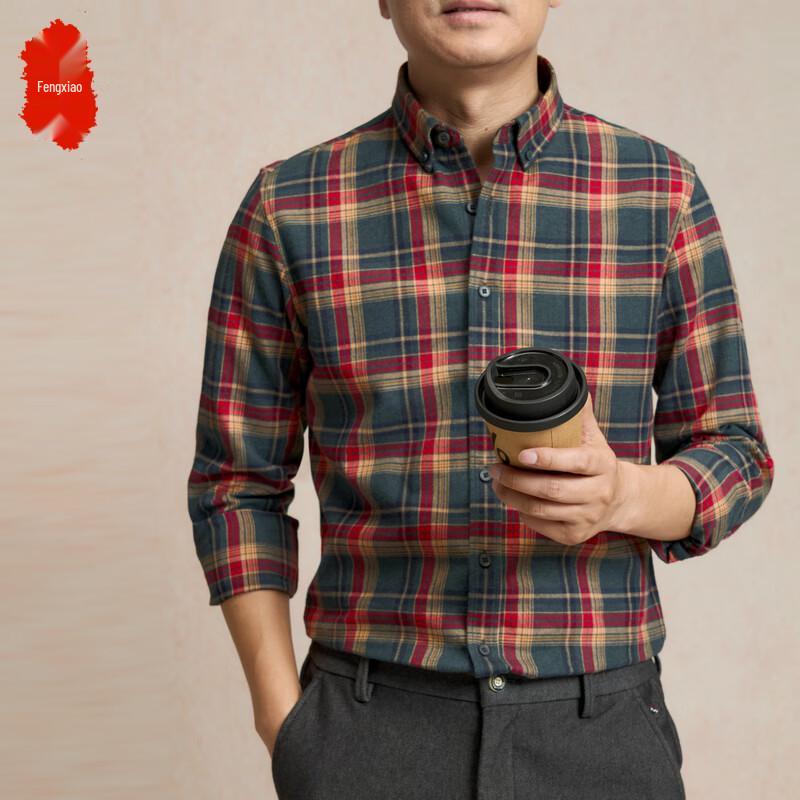 Men s Thickened Plaid Brushed Cotton Long Sleeve Shirt 39 / M