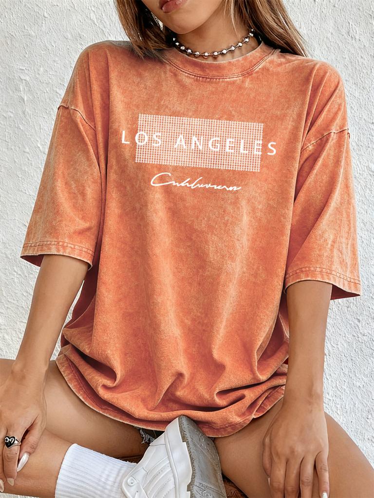 Los Angeles California Usa Prints Washed TShirts Womens Cotton Oversized T Shirt Summer Short Sleeve Tops Street ONeck Clothes