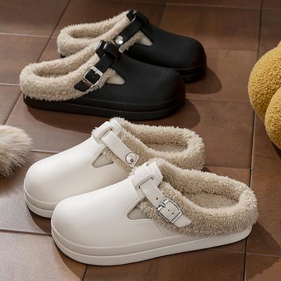 Men Women Slippers Waterproof Eva Warm Furry Slippers Women Winter Metal Buckle Warm Plush Slippers Soft Thick Bottom Non Slip Indoor Slides