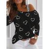 Dámska blúzka s potlačou srdca lomený krk Voľné sexy tričko top sveter na jar jesene
