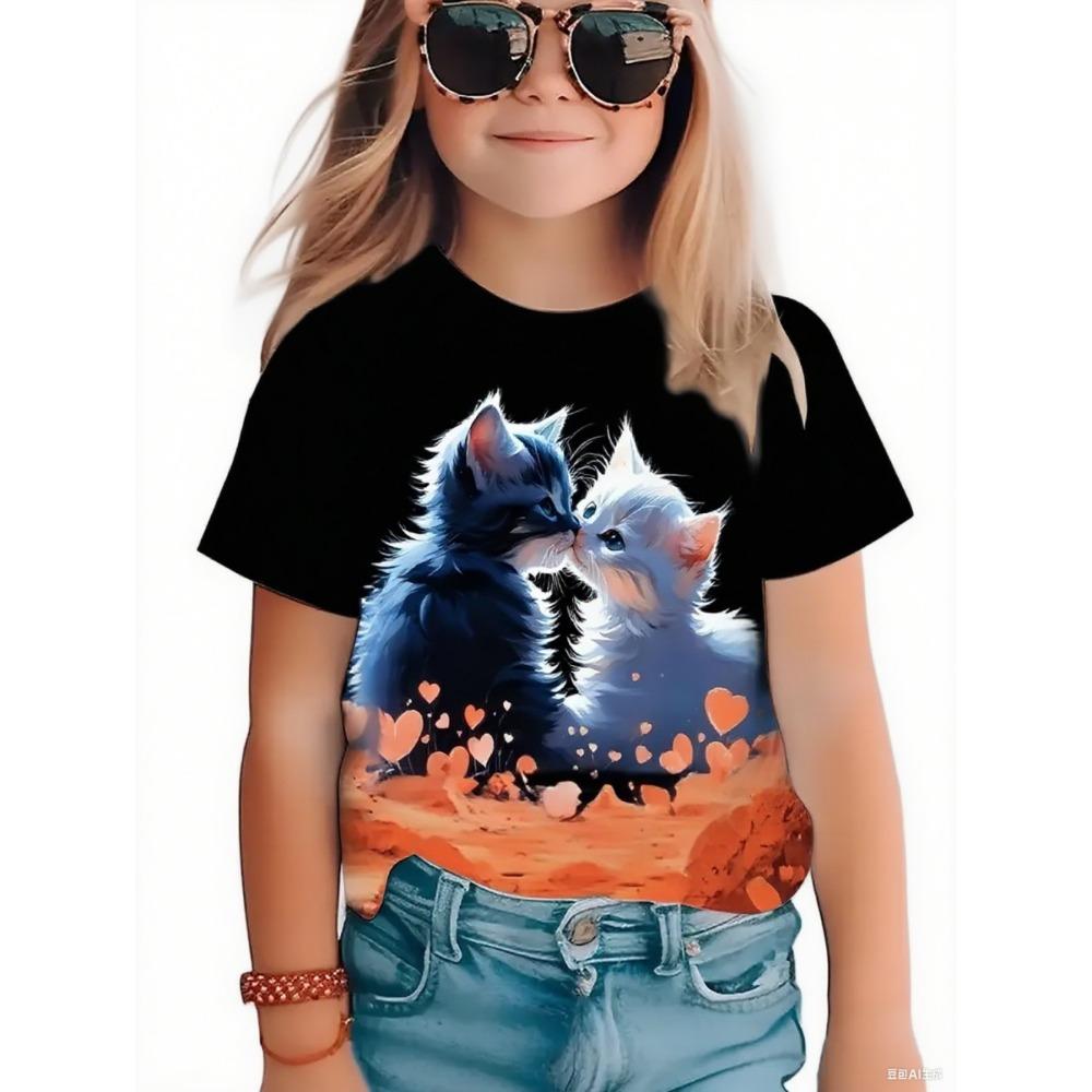 Fun Cat Girl T-shirt Summer Cartoon Pattern Girl Short Sleeve T-shirt Casual Round Neck Top Animal Children's Clothing Girl Clothing