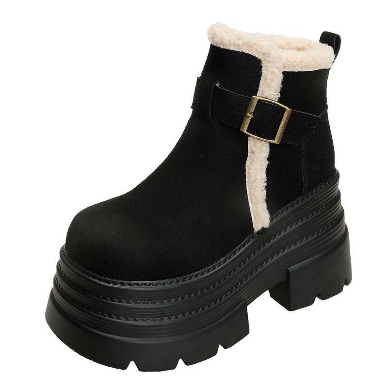 New Winter Women's Warm Snow Boots Outdoor Plush Ankle Shoes Anti-skid Chunky Leather Sneakers Buckle Short Fur Boots Woman 10CM