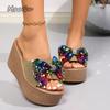 Klobige Plateau Sandalen mit bunten Glitzer für Damen Sommer 2026 Super Hohe Absätze Große Schleife Slides Damen Dicke Sohle Hausschuhe Schuhe