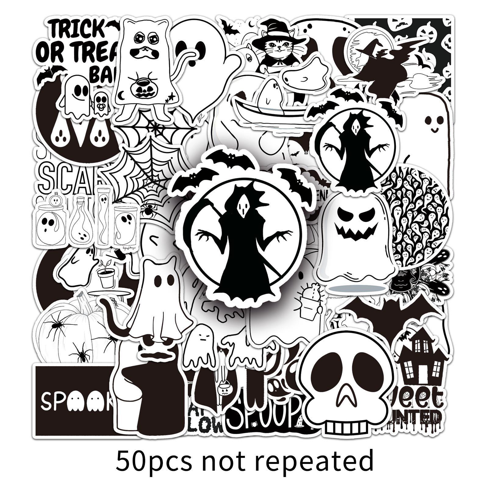 50 Black & White Halloween Graffiti Cartoon Stickers, Waterproof for DIY Skateboards & Suitcases