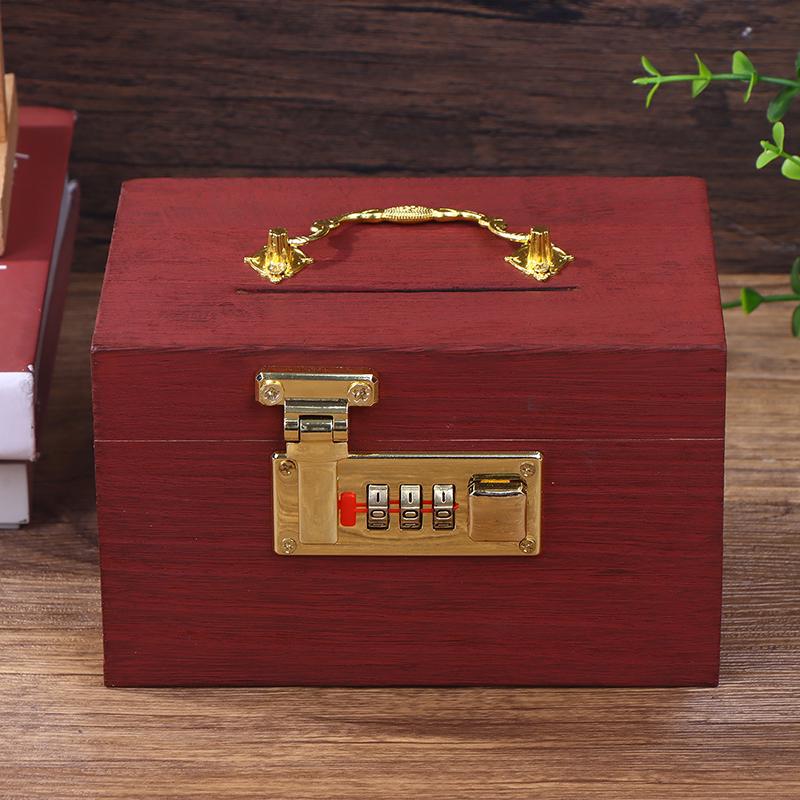 1PcWooden Box Password Lock Money Saving Coin Box Piggy Bank Organizer With Lock Treasure Box For Cards Dollars Cents Kids Gifts marrone