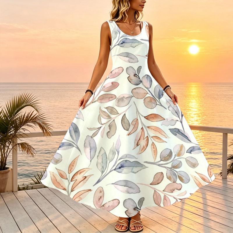Women's Leaf Series Sleeveless Beach Maxi Dress Lightweight Flowy Fresh Natural,Ideal for Vacations,Beach Days & Photoshoots