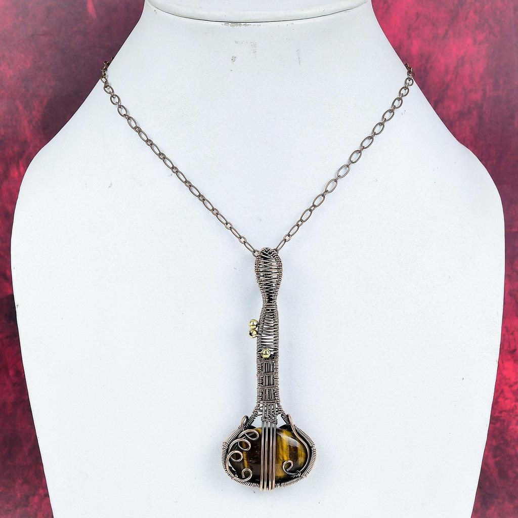 Tger's eye pendant copper wire wrapped pendant handmade guitar pendant gemstone copper jewelry gifts for him beautiful wire wrapped jewelry