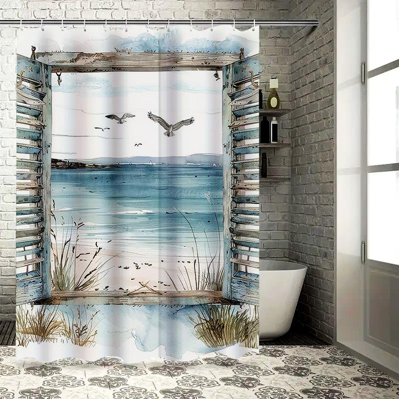 Vintage Window Frame with Seagulls Waterproof Shower Curtain Heat Resistant Machine Washable Non-Transparent 180x180cm