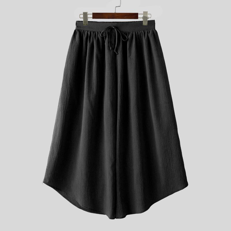 

INCERUN Винтажные мужские укороченные свободные брюки с эластичной талией на кулиске, однотонные, текстурированные, с неровным краем XL чёрный