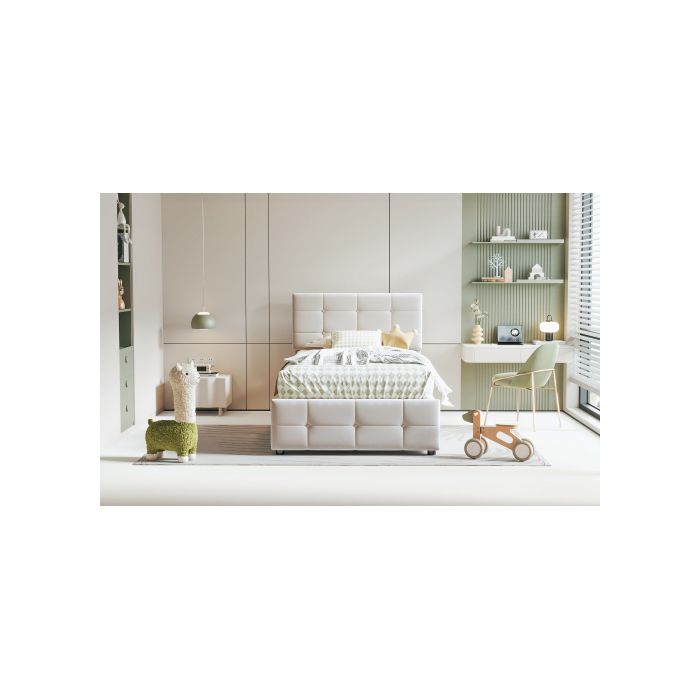 Lit Enfant 90x200 Cm, Lit De Rangement Hydraulique, Tête De Lit Réglable En Hauteur, Beige