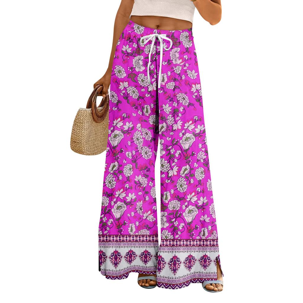 Damen Sommer Boho Palazzo Hose Hohe Taille Weites Bein Blumendruck Freizeithose Mit Taschen