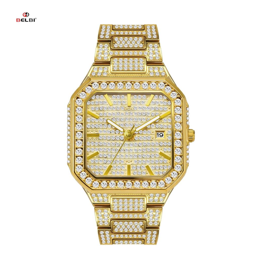 Luxury Full Diamond Watch Men Sparkling Rhinestone Dial Stainless Steel Bracelet Women Elegant Bling Dress Watch