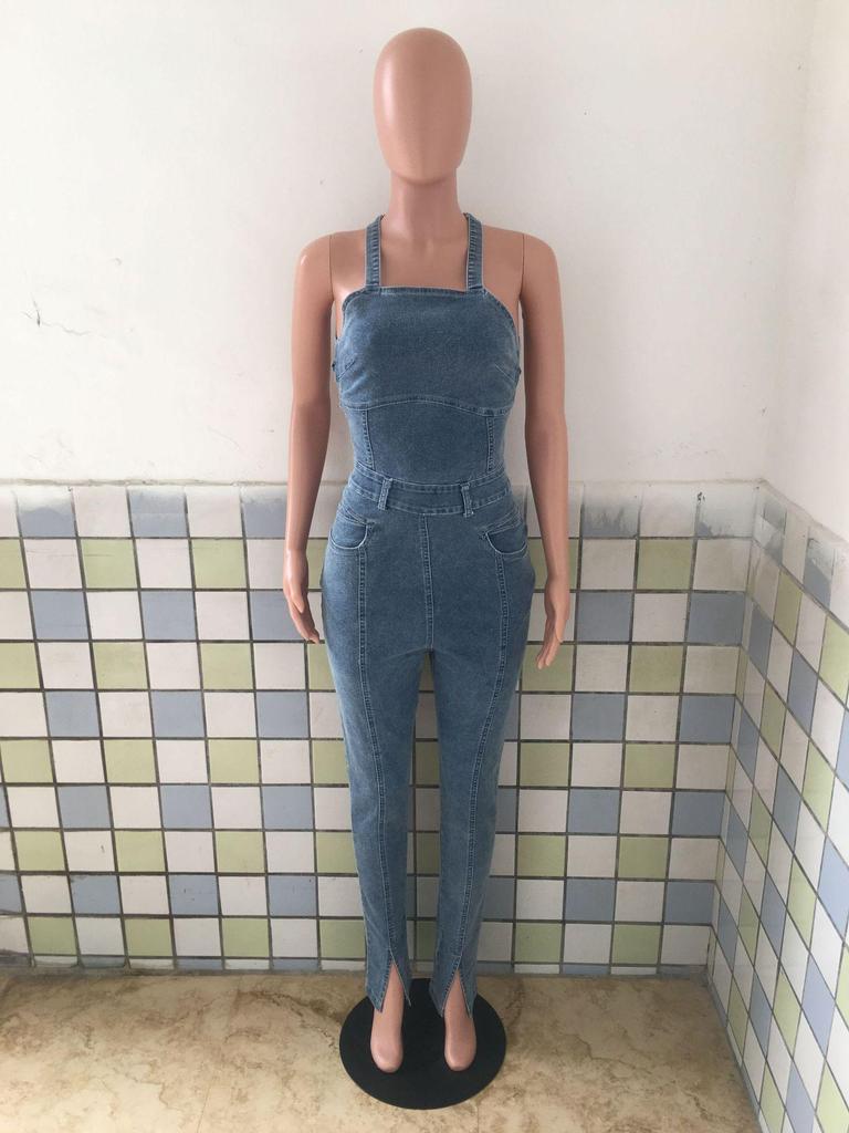 European American Casual Slim Backless Bandage Denim Jumpsuit