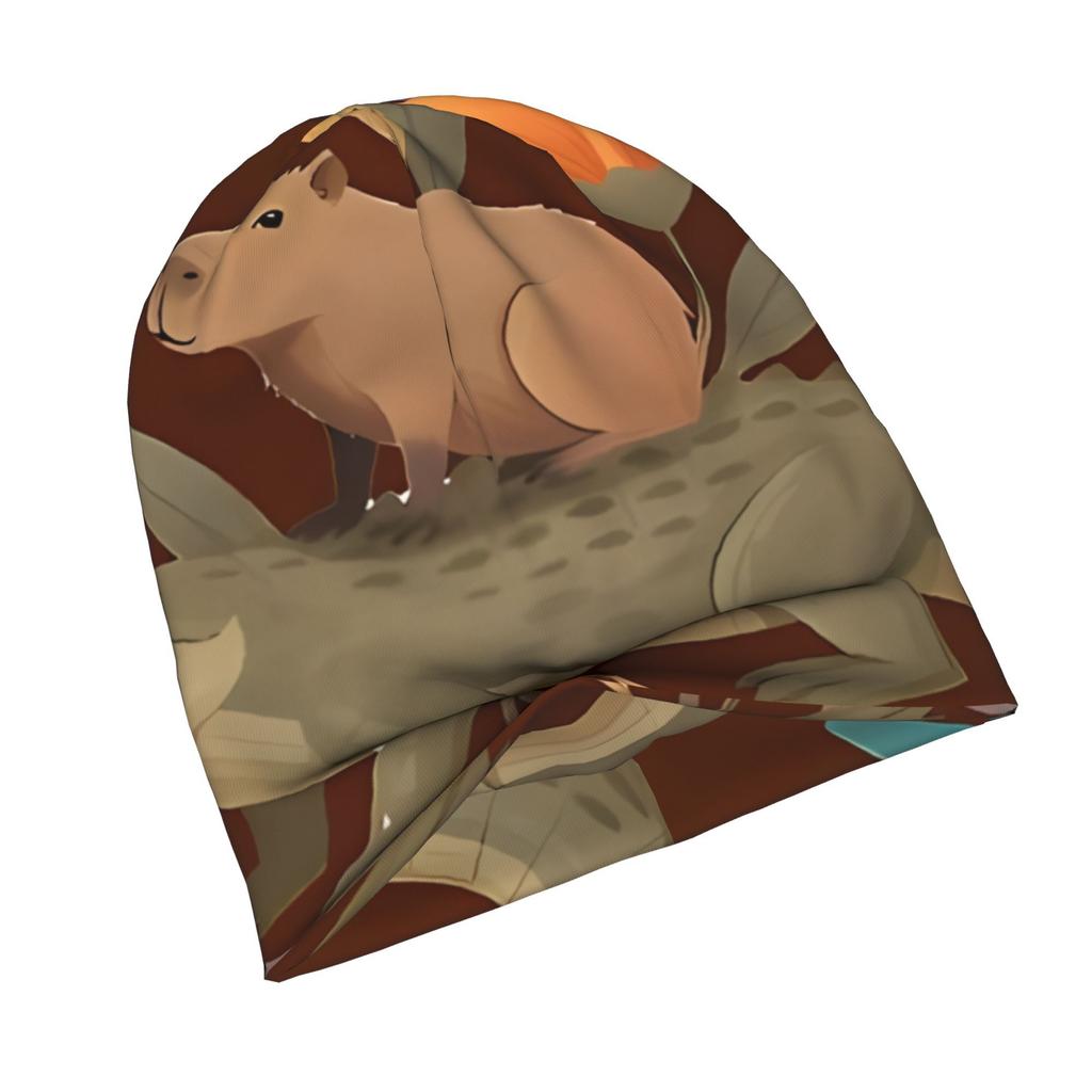 2D Flat Printing Capybara On Cayman Surrounded by Flowers Minimalist Knit Hat Designed for Adults Who Enjoy Quiet Style Complements Neutral Tones And