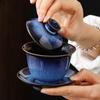 Kiln Change Tianmu Glaze Ceramic Three-Talent Covered Bowl Seven-Color Brushwork Large Jun Porcelain Cup Kung Fu Set Tea