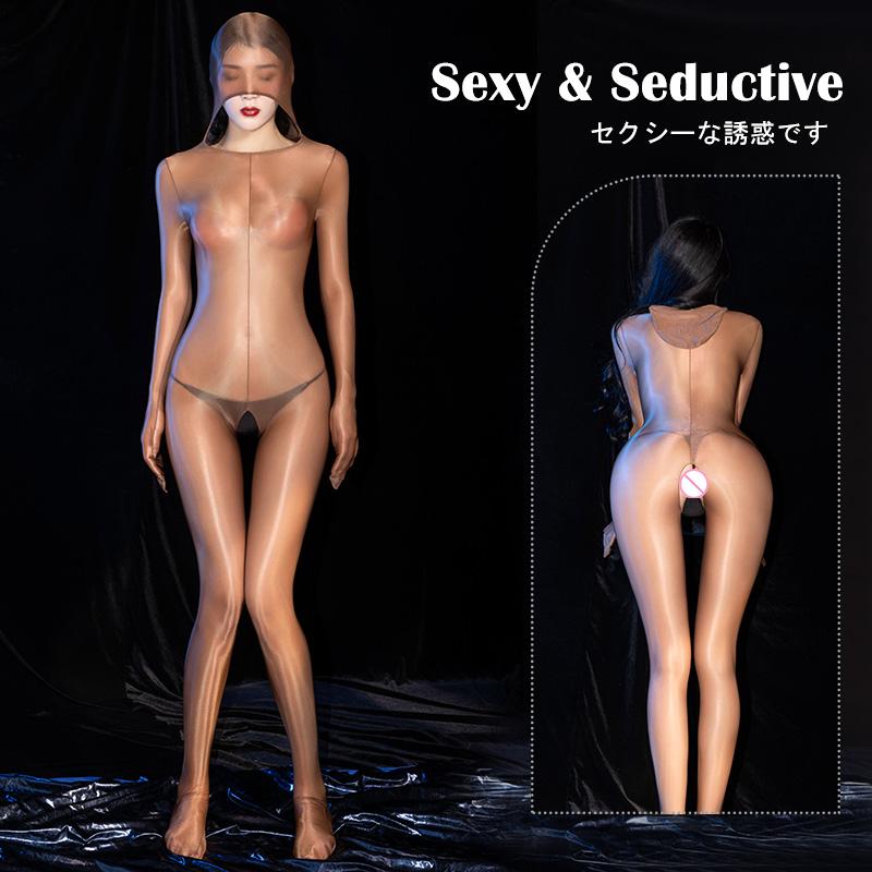 Sexy Öl Glänzende Ganzkörperstrümpfe Frauen Durchsichtiger Bodysuit-Overall mit offenem Schritt Trikot Catsuit Sex-Porno-Kleidung für Erwachsene