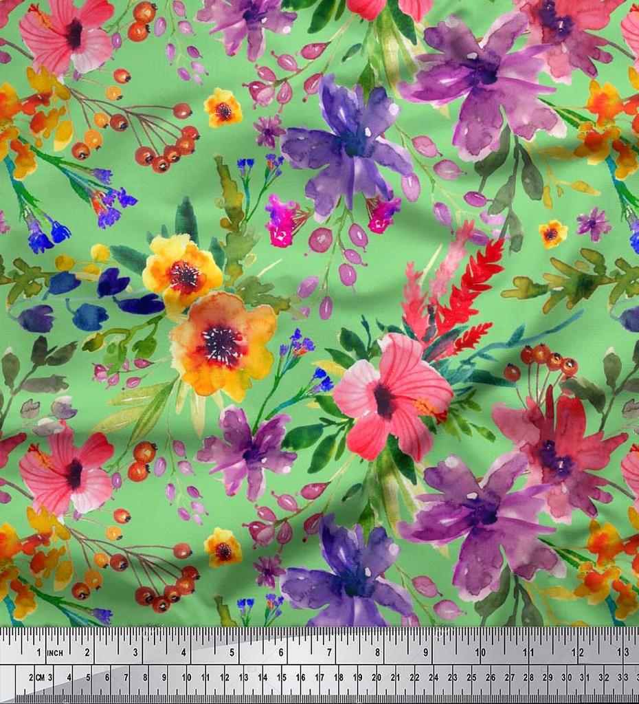 Soimoi Japan Crepe Satin Fabric Flower & Leaves Watercolor Decor Fabric Printed metre 42 Inch