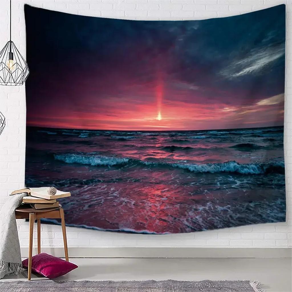 Ocean Sunset  Landscape Tapestry Purple Clouds and Gloden Sunshine Tapestry Wall Hanging Decoration for Dorm Living Room Bedroom