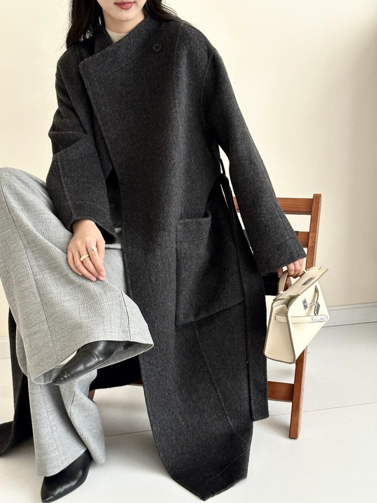 Lace-up Waist Micro Stand-up Collar Double-sided Cashmere Coat Women's New Light Luxury Loose Casual Minimalist Woolen Coat