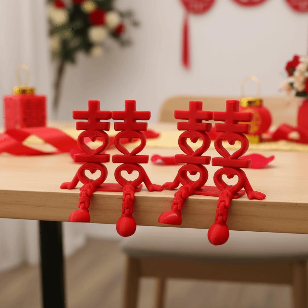 2Pcs Red 3D Xi Word Ornaments Traditional Joint Movability Double Happiness Ornaments Photo Props Good Luck