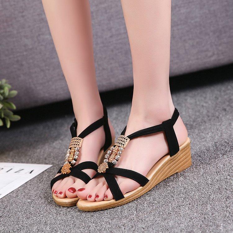 Fashion Summer Fashion New Casual Wedge Round Head Flower Comfortable Solid Color Bead Women's Plus Size Sexy Sandals