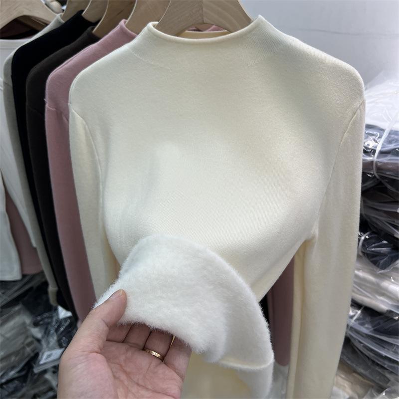 Thickened warm integrated fleece semi-turtleneck knitted sweater women's spring soft waxy inner bottoming shirt solid color top