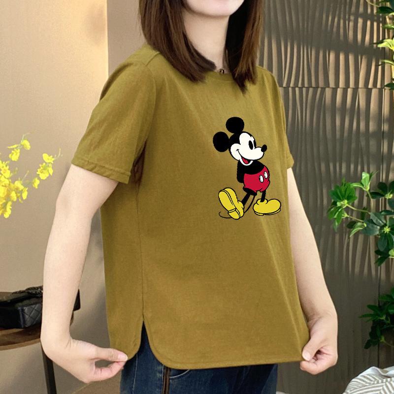 High-End Women s Summer Loose Mickey Cartoon Print Round Neck Casual T-shirt M