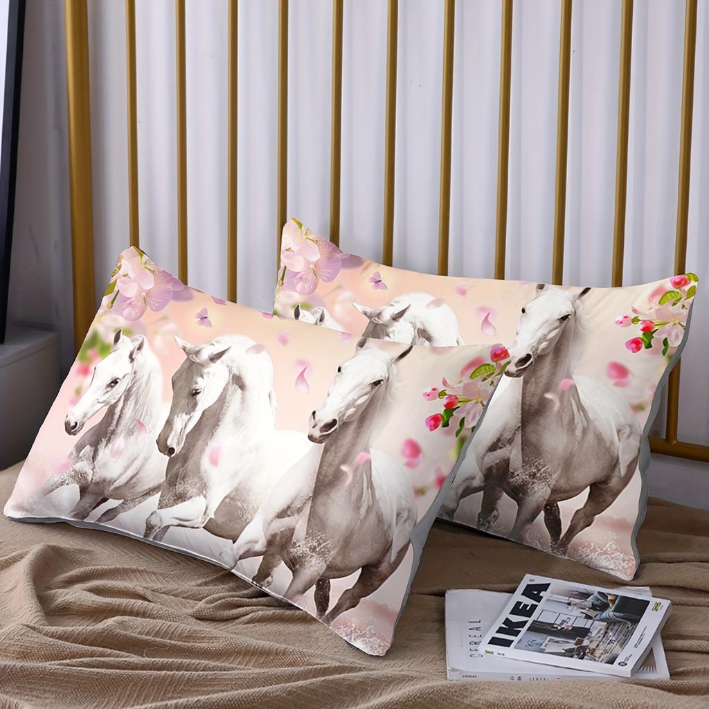 3Pcs Modern Fashion Bedding Set (1*Quilt Cover + 2*Pillowcase Without Core) Pink Floral Running Horse 3D Print Bedding Set