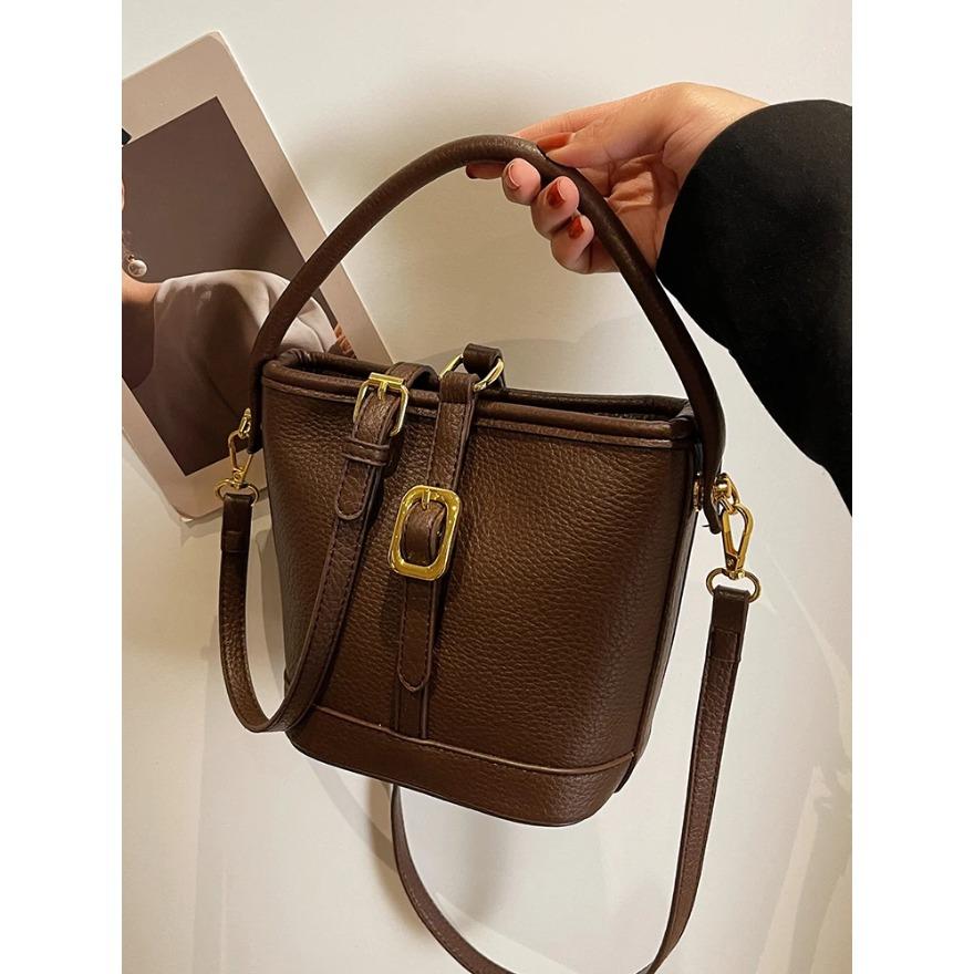 Soft Leather Small Handbags for Women Retro Solid Color Zipper Design Lady Bucket Bags Fashion Versatile Crossbody Bag