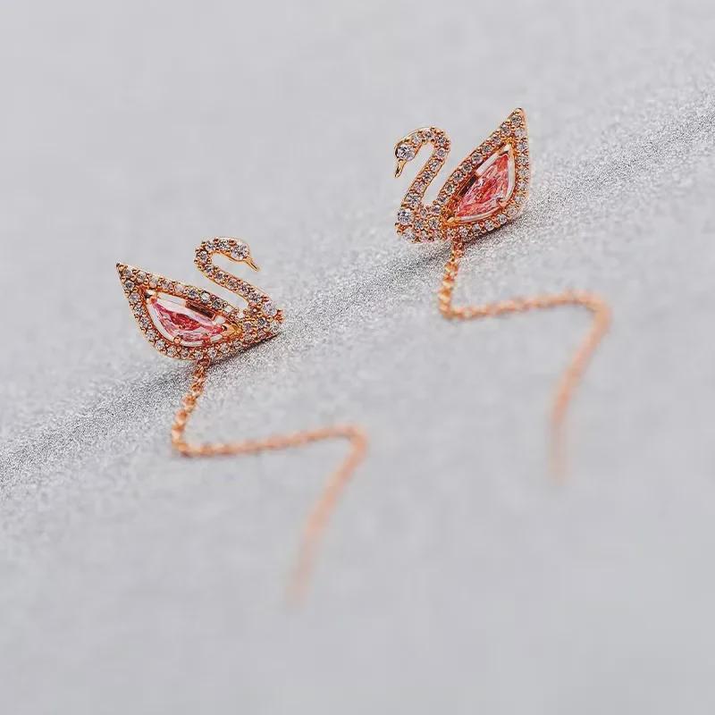 Trendy Rose Gold Tassel Earrings with Pink Swan Design for Women