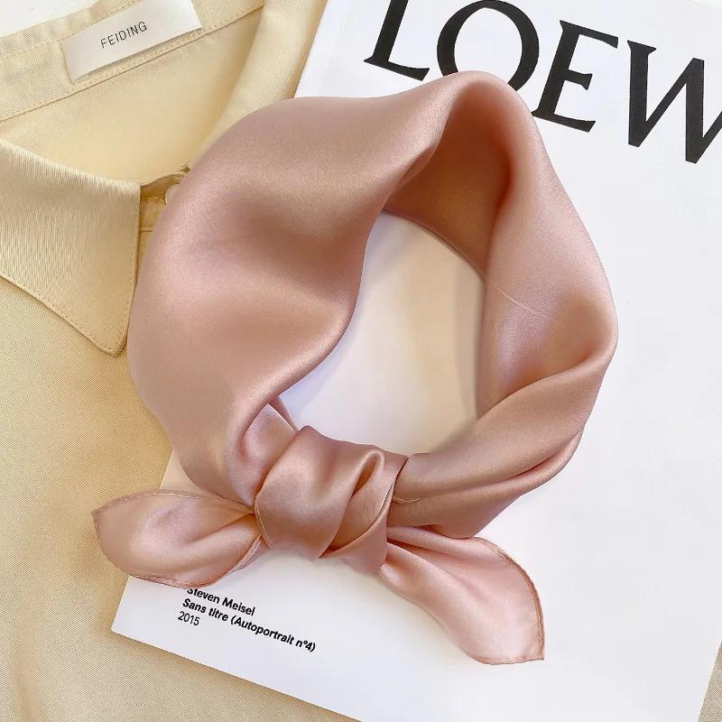 Solid Color 100% Nature Silk Square Scarfs for Women Neck Ties Foulard Neckerchief Hairband Hands Bag Ribbons Headband Gift