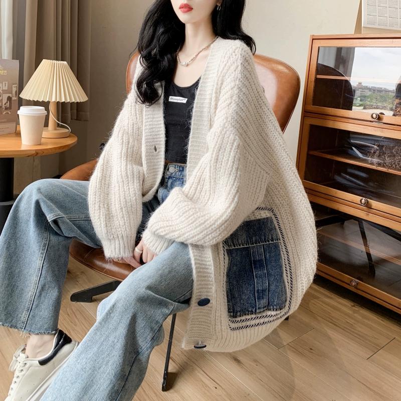 

DIMANAF 2024 Осеннее пальто Женская куртка свитера джинсовая О-образная горловина пэчворк вязание базовый синий модный свободный свитер One Size бежевый