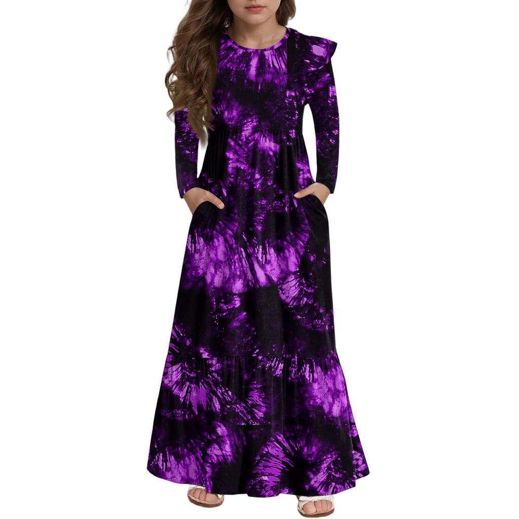 Mädchen Stufenkleid mit Rüschen Halloween Tag - Langärmeliges Maxikleid mit Druck und Taschen