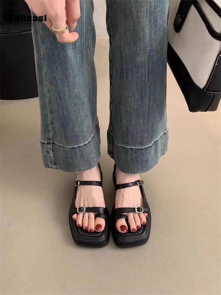 2025 summer new slippers muffin Internet celebrity set toe muffin bottom Roman word cool slippers thick-soled Korean sandals