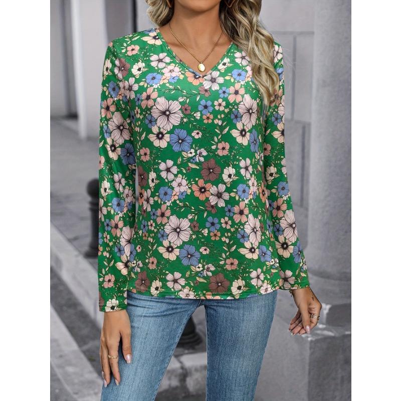 2025 Women's Basic V-Neck Long Sleeve,Floral Printed Polyester Relaxed Fit Tees Shirt