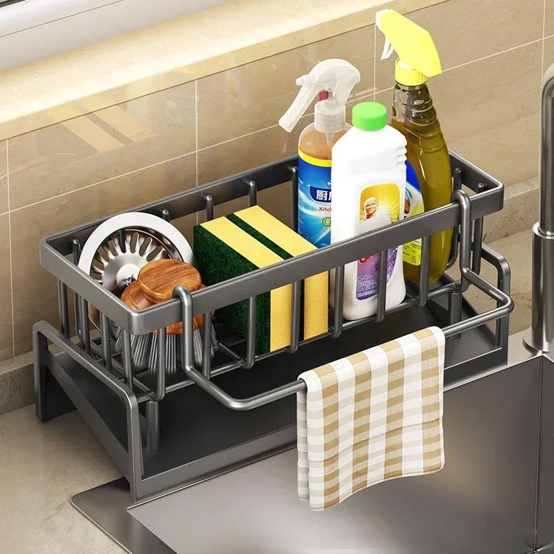 Space Saving Kitchen Sink Dish Rack Sponge Holder Water Drain Basket Countertop Storage Organizer for Cleaning Supplies