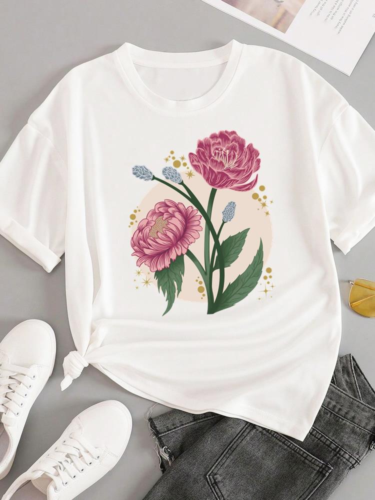 (Asian Size) sweet flower feather Short Sleeve T-shirts Women's Top T Female Print  Fashion O-neck Casual Clothing  Graphic Tee