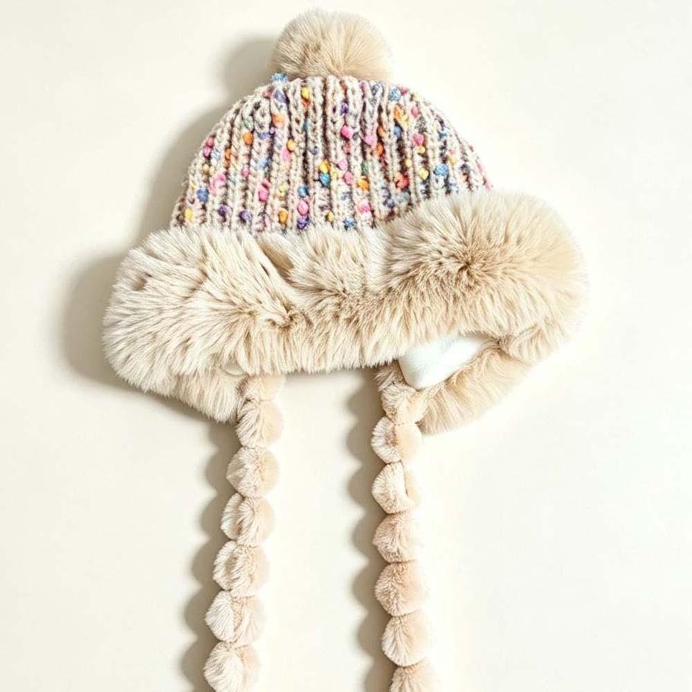 Fur Brim Pompom Braids Hat Striped Knit Earflap Winter Cap Fleece Knit Beanie Teens