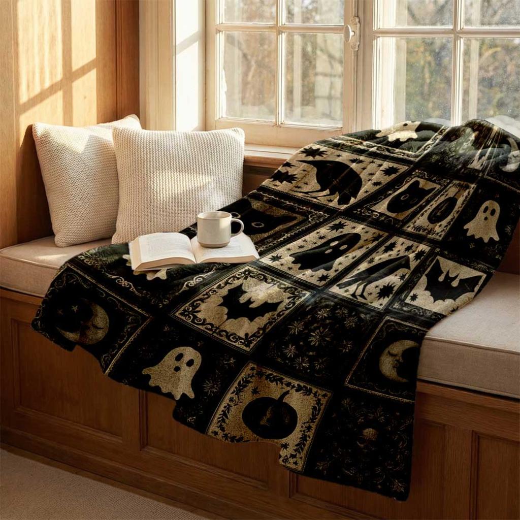 Spooky Ghosts Pumpkins Bats Flannel Blanket, Soft Warm for Relaxing Camping Travel Office Home Decor Gift