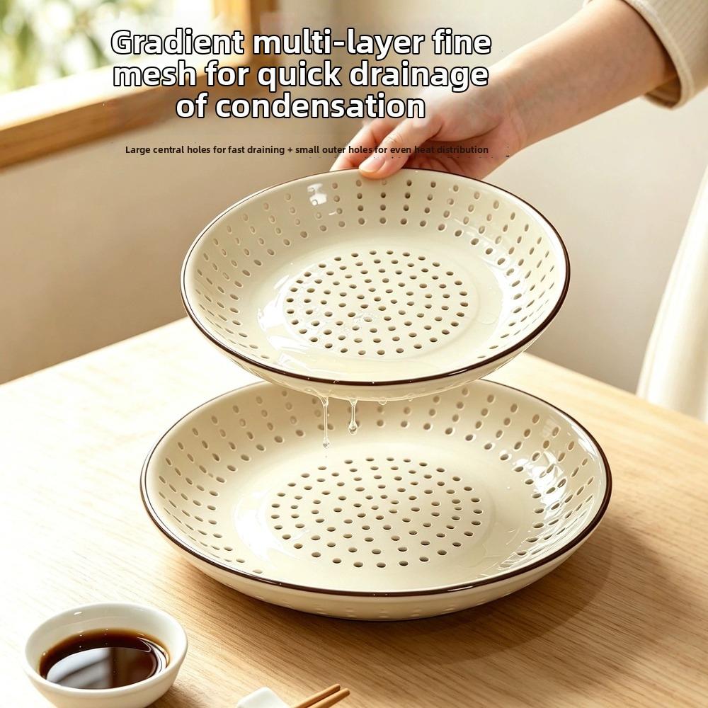 Ceramic Porous Steaming Tray Perforated Drain Plate Creative Dumpling Plate Steamed Bun