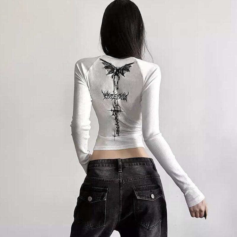 Personalized Printed Long-Sleeve Short T-Shirt for Women, Korean Style, Slim Fit, Regular Shoulder, Suitable for Spring and Autumn