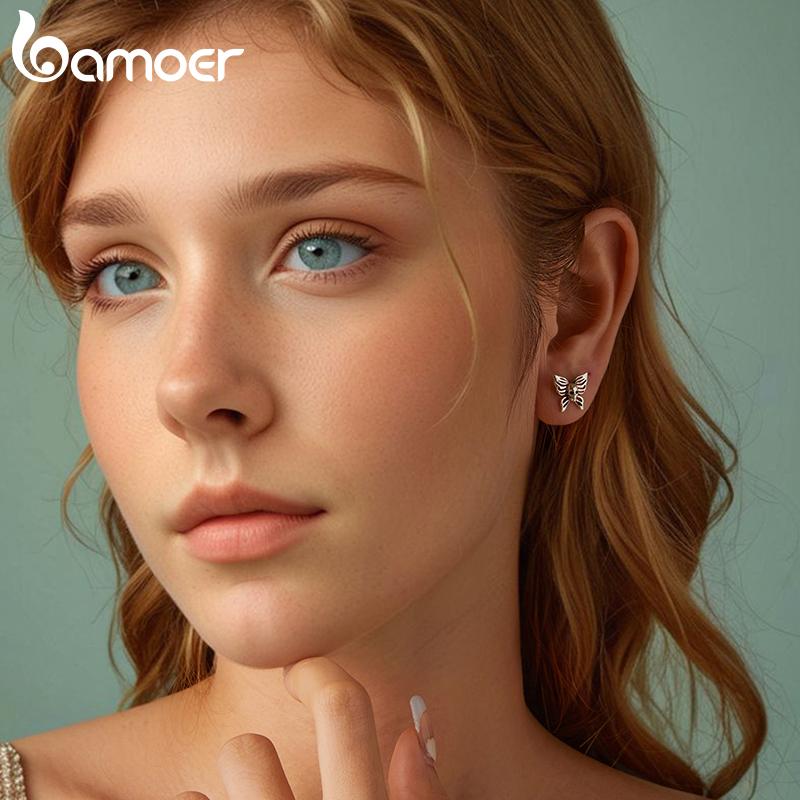 Bamoer Solid 925 Sterling Silver Halloween Skull Butterfly Earrings for Women Hypoallergenic Stud Earrings Birthday Jewelry Gift